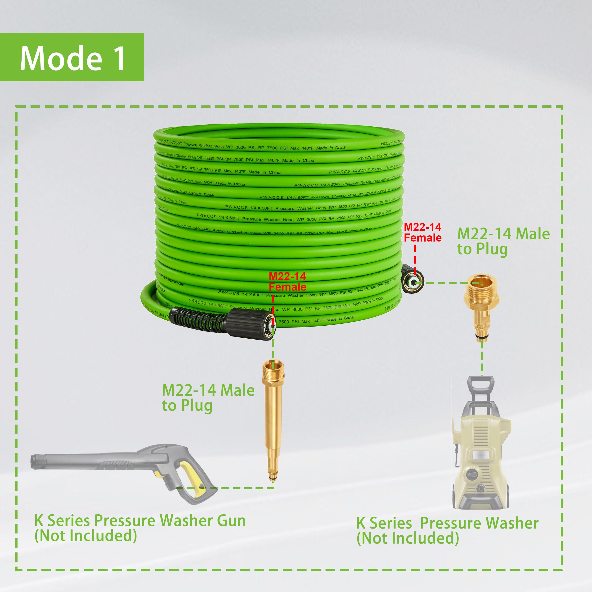 PWACCS Manguera de lavado a presión de 50 pies x 1/4 pulgadas, resistente a torceduras, mangueras de extensión de lavado de alta presión con accesorios M22-14 mm, compatible con Karcher K2, K3, K4, K5 | Resistente a torceduras, accesorios M22-14 mm, compa