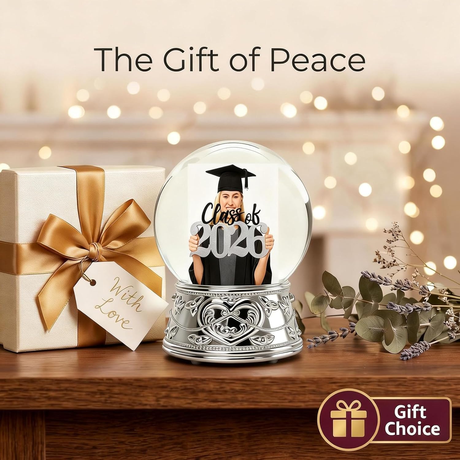 Snow Globe with 2 Sided Graduation School Photo Frame, DIY Large Double Snowglobe with Picture Insert, for Family, Friends, Couples.