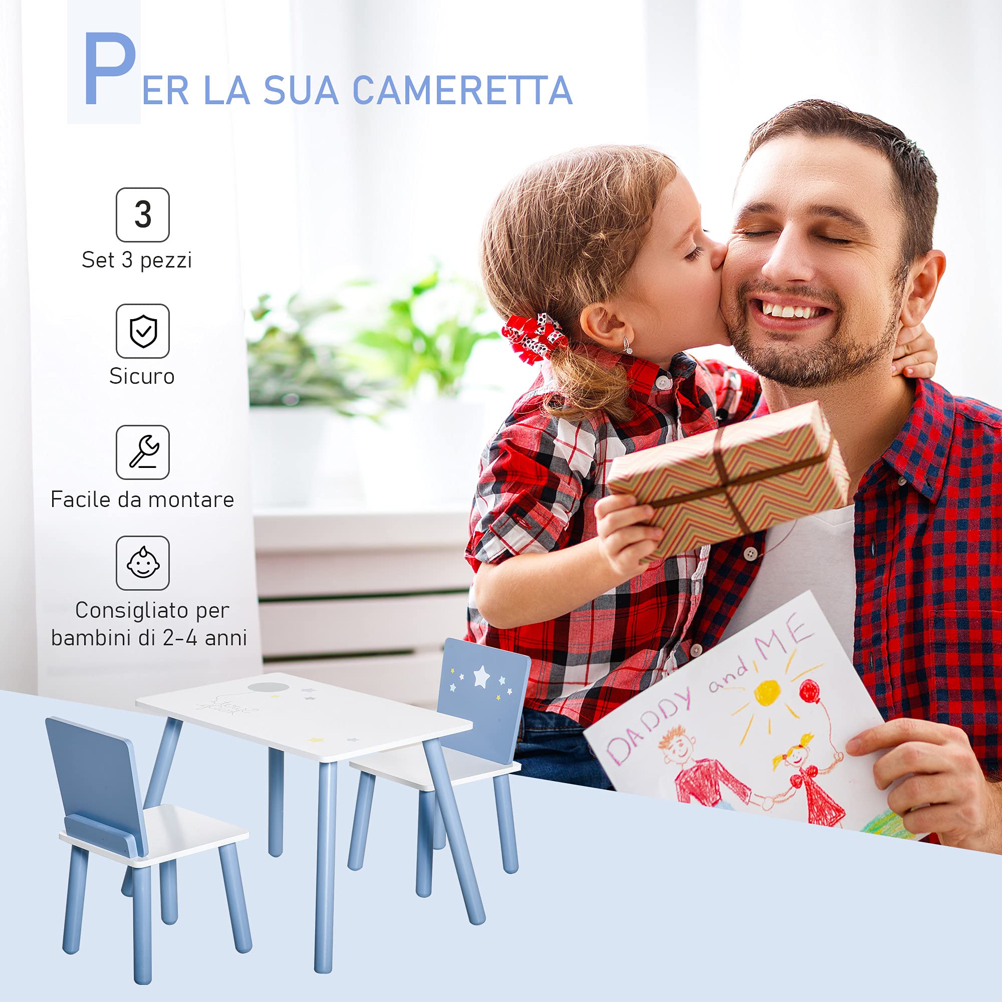 HOMCOM Tavolo e Sedie per Bambini, Tavolino per Bambini 2-4 Anni, in Legno Azzurro e Bianco, Set 3 Pezzi