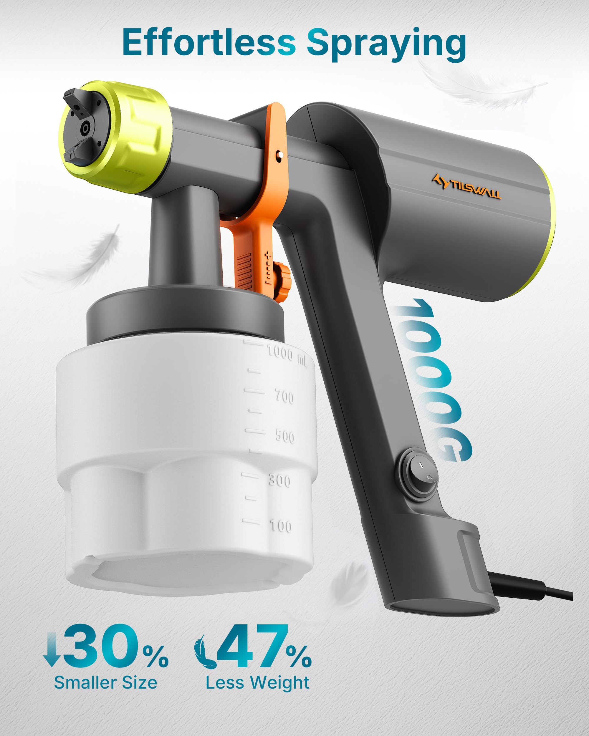 Tilswall Spruzzatore per Vernice Elettrico Potente e Leggero, Serbatoio Rimovibile da 1000 ml, 3 Ugelli e 3 Modalità di Spruzzatura, Ideale per Mobili Grandi, Muri, Recinti e Progetti fai da te Limone
