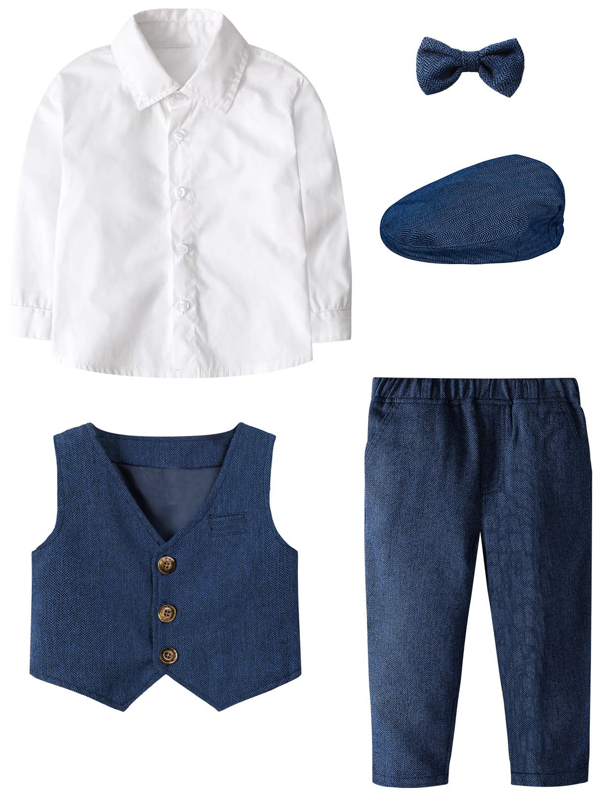 mintgreen Ensemble Bébé Garçon en Tweed à Chevrons, Smoking de Mariage 4pcs Chemise + Pantalon + Gilet + Casquette 1-4 Ans