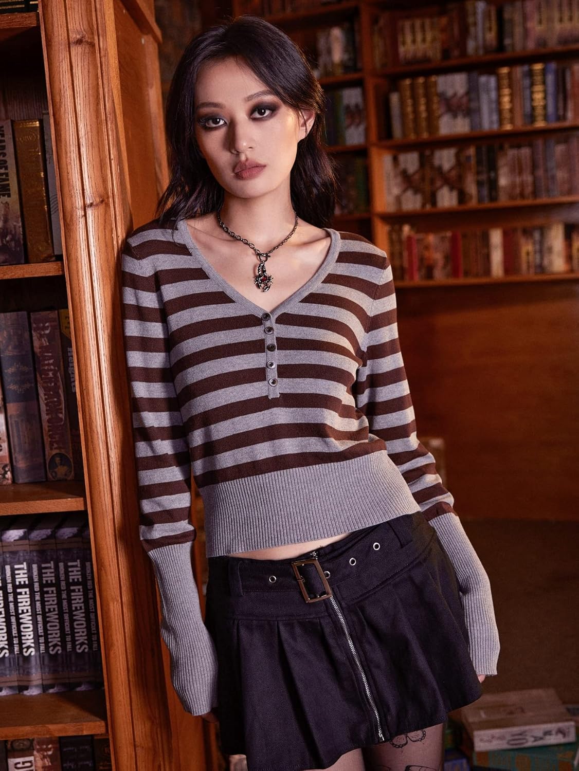 Women's Sweater Striped Button Front Sweater Sweater for Women (Color : Multicolor, Size : Large)