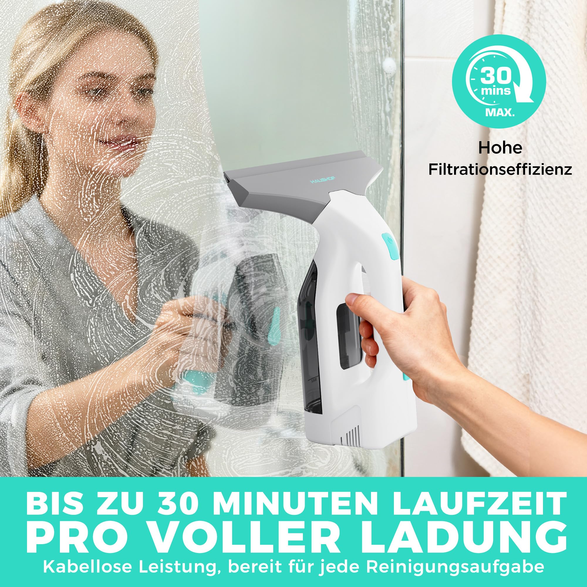 HAUSHOF Akku Fenstersauger Set, Kabelloser Fensterreiniger Fensterputzer mit 30 Min Laufzeit, 28 cm Saugdüse & 100 ml Wassertank, Streifenfreie Reinigung für Fenster, Spiegel und Fliesen