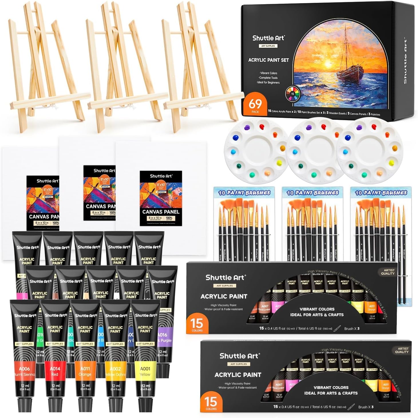 Shuttle Art 69 Pack Painting Kit for Adults and Couples, Sip and Paint for Date Night & Crafts, with 2 Packs 15-Color Acrylic Paint, 3 Wooden Easels, Canvas, Brushes & Palettes