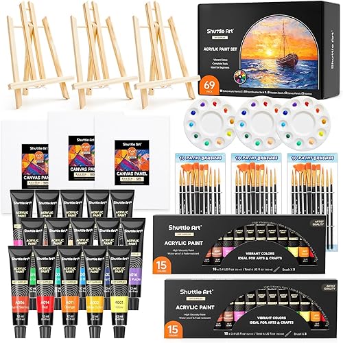 Shuttle Art 69 Pack Acrylic Paint Set, Painting Set with 2 Pack of 15 Colors Acrylic Paint, 3 Sets of Wooden Easels, Canvas, Brushes & Palettes, Art