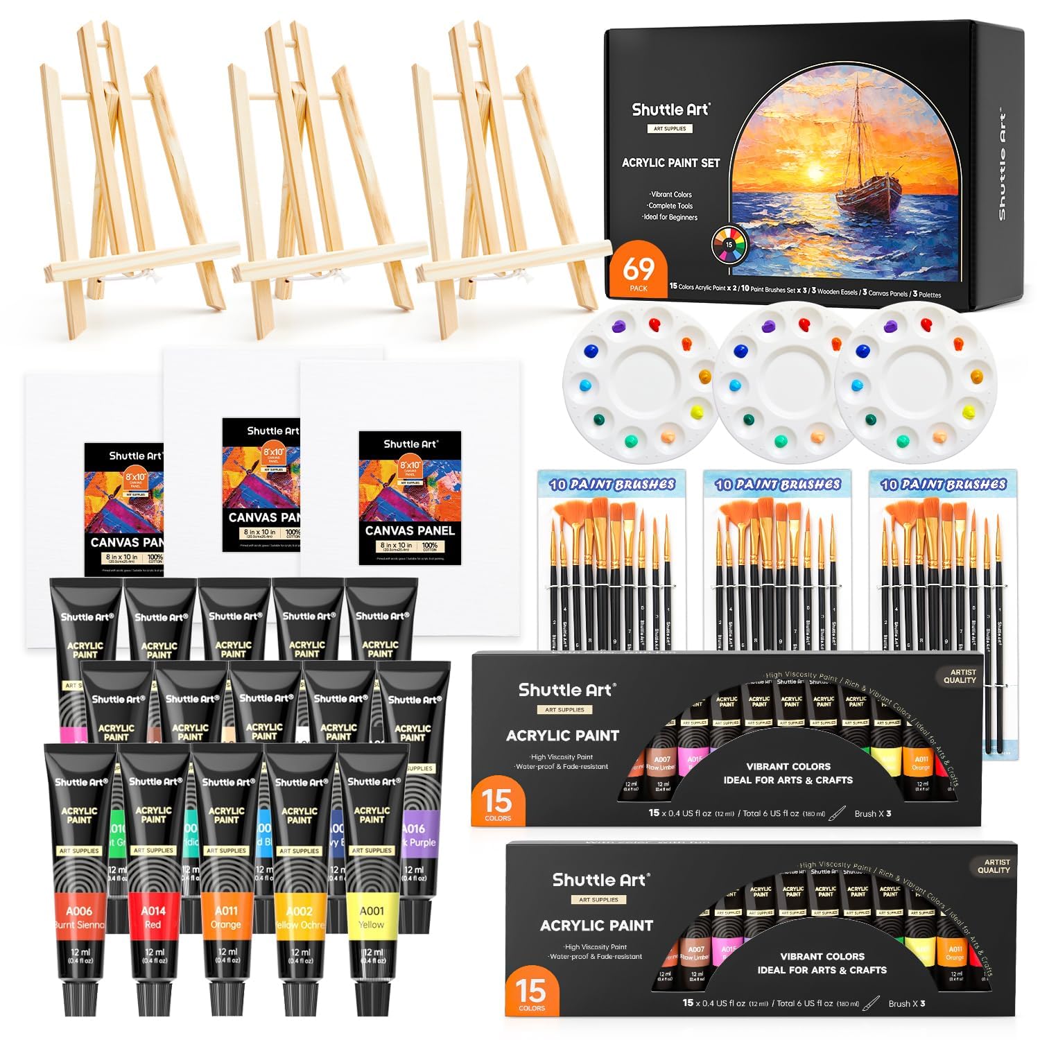 Shuttle Art 69 Pack Acrylic Paint Set, Painting Set with 2 Pack of 15 Colors Acrylic Paint, 3 Sets of Wooden Easels, Canvas, Brushes & Palettes, Art Painting Supplies for Kids Adults Beginner