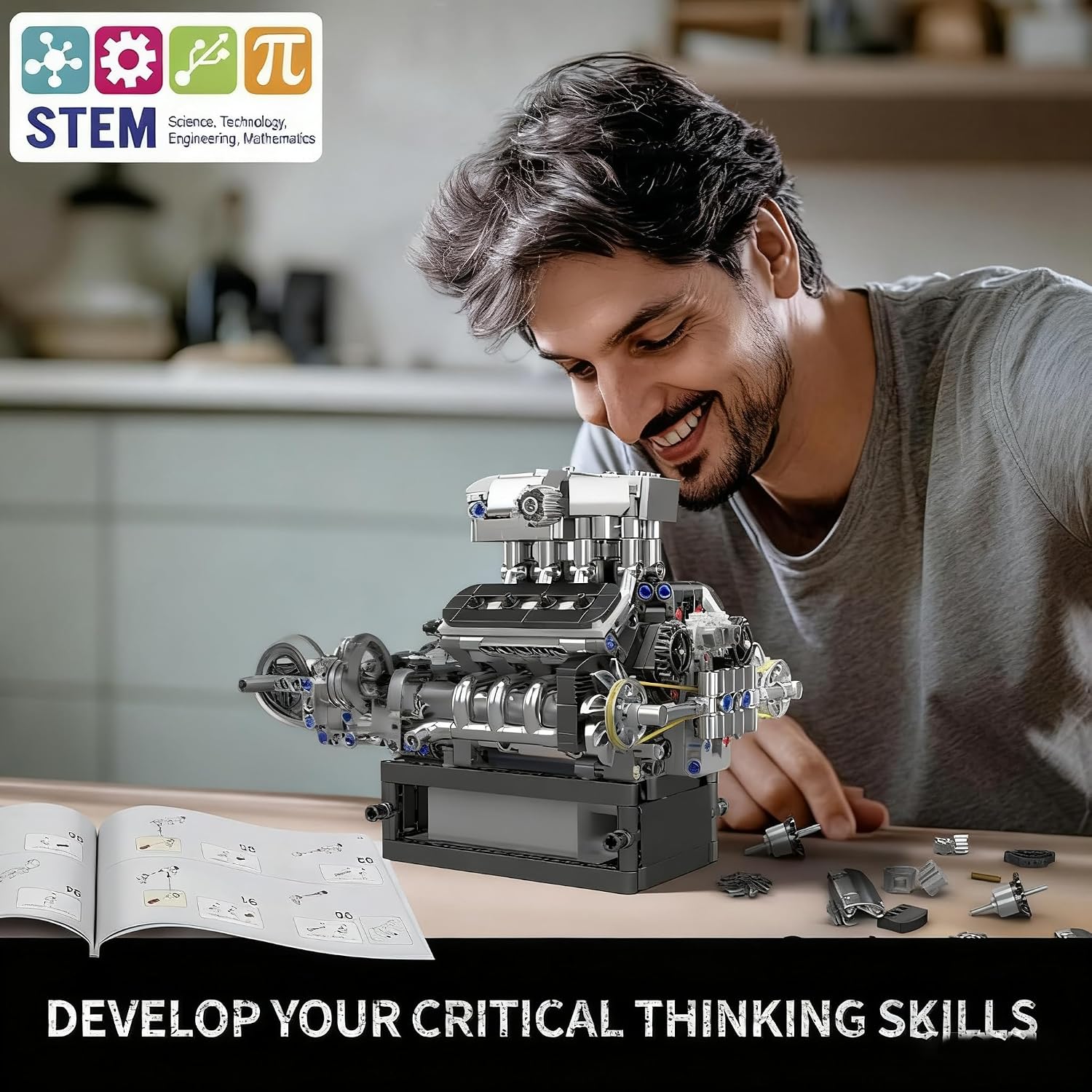Mould King V8 Engine Building Blocks Sets, V8 Engine Model kit That Run, Build Your Own STEM Model Engine, 8-Cylinder Car Engine Building Engineering Toys for Adults/14+ (737+PCS)