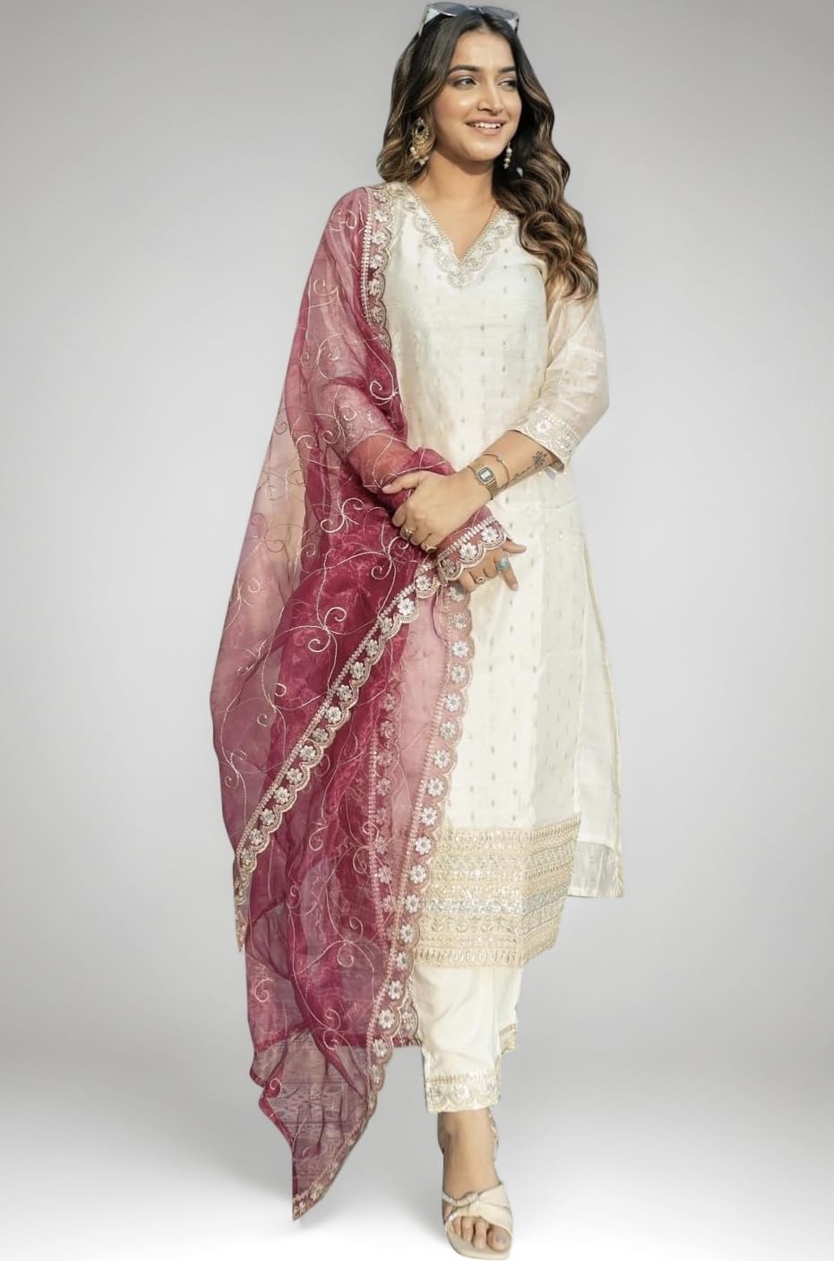 Women's Chanderi Silk Embroidered Kurta with Pant & Organza Dupatta Set | Casual Outfit Ethnic Kurta Set for Women | Modern & Traditional Blend Ethnic Wear