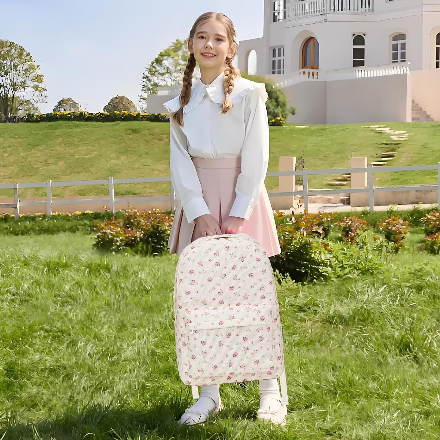 Octsky School Backpack for Girls Teens Corduroy Bookbags with Lunch Box, Women Travel Daypacks, Pink Flowers - Image 2