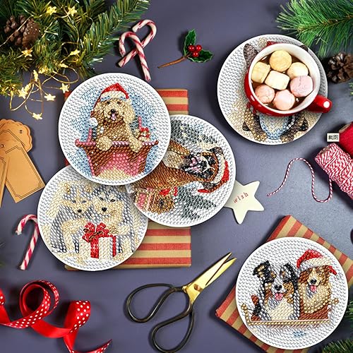 Miniatura 5 de Juego de 8 posavasos de arte de diamantes para perros de Navidad con soporte, posavasos de pintura de diamante para perros de Navidad, para