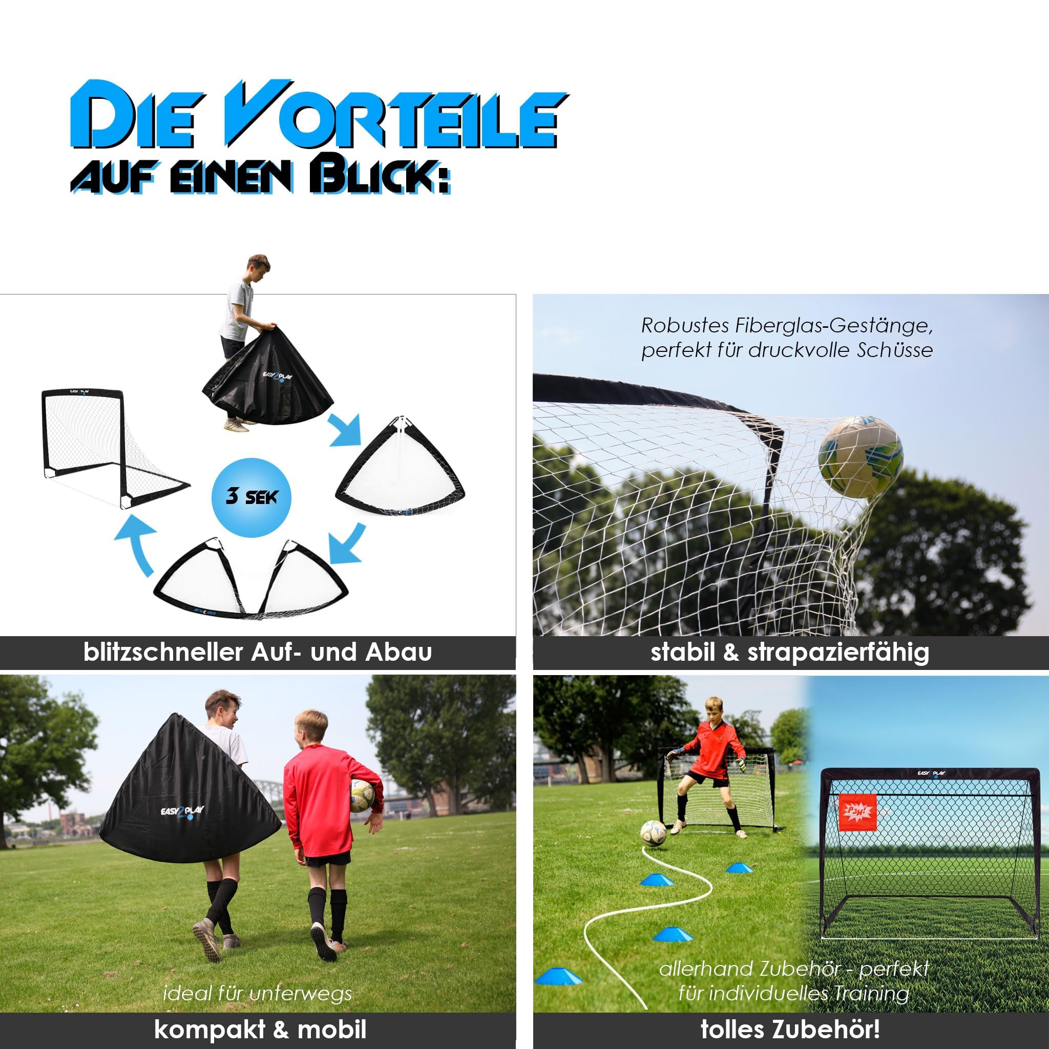 EASY2PLAY, porta da calcio per esterni, set da 2 pezzi, pop up goal, montaggio in 3 secondi, porta da calcio pieghevole da 120 x 90 x 90 cm, aste in fibra di vetro per bambini e adulti, giardino,