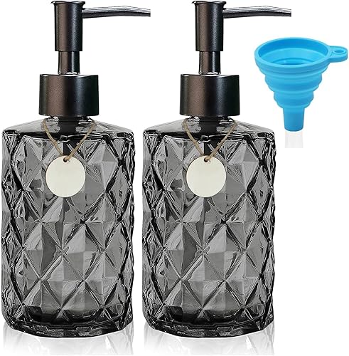 Miniatura 1 de Paquete de 2 dispensadores de jabón de vidrio con diseño de diamante con bomba de plástico, dispensador de jabón líquido transparente recargable de