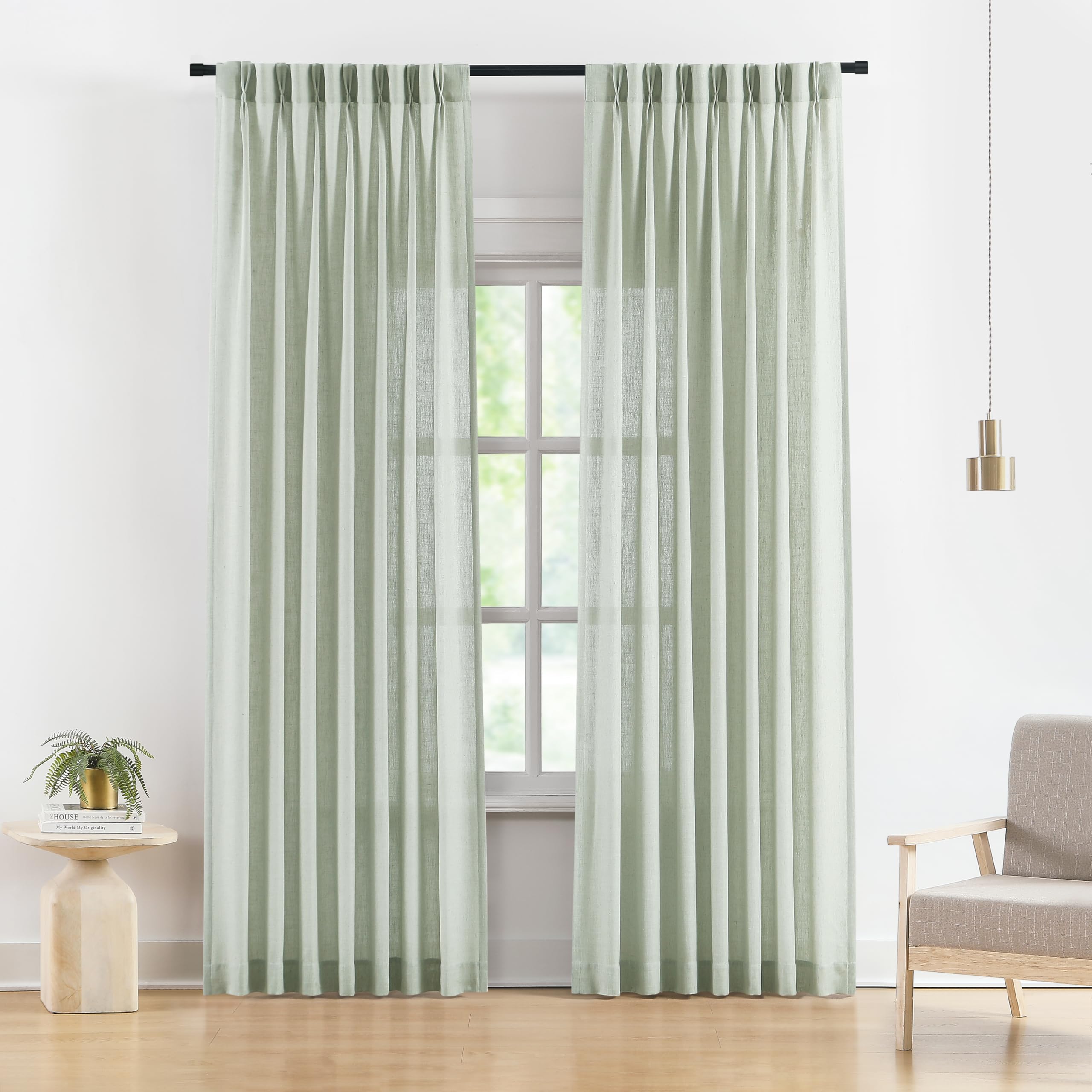 Vision Home Soft Green Pinch Pleated Semi Sheer Curtains Textured Linen Blended Light Filtering Window Curtains 108 inch for Living Room Bedroom Pinch