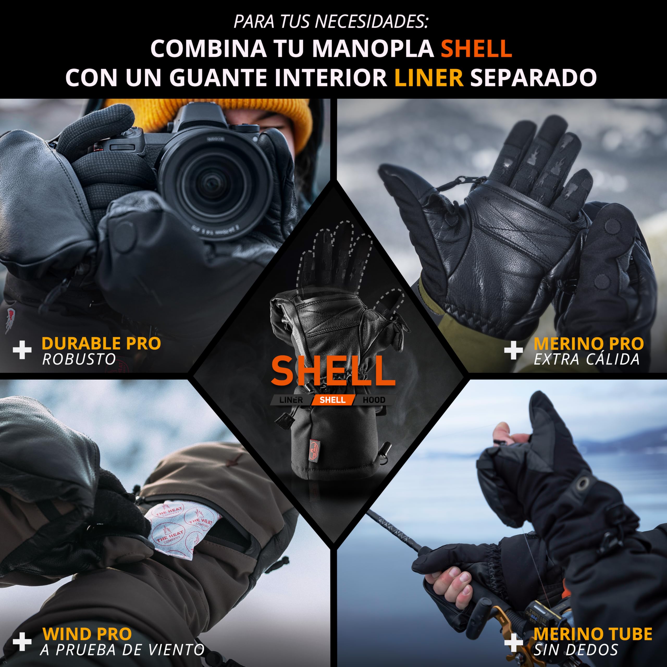 The Heat Company Shell Manoplas - Guantes Invierno Hombre & Mujer - Guantes Impermeables Hombre - Guantes Esqui Hombre & Mujer - Guantes Nieve - Guantes Snowboard Hombre - sin Liner