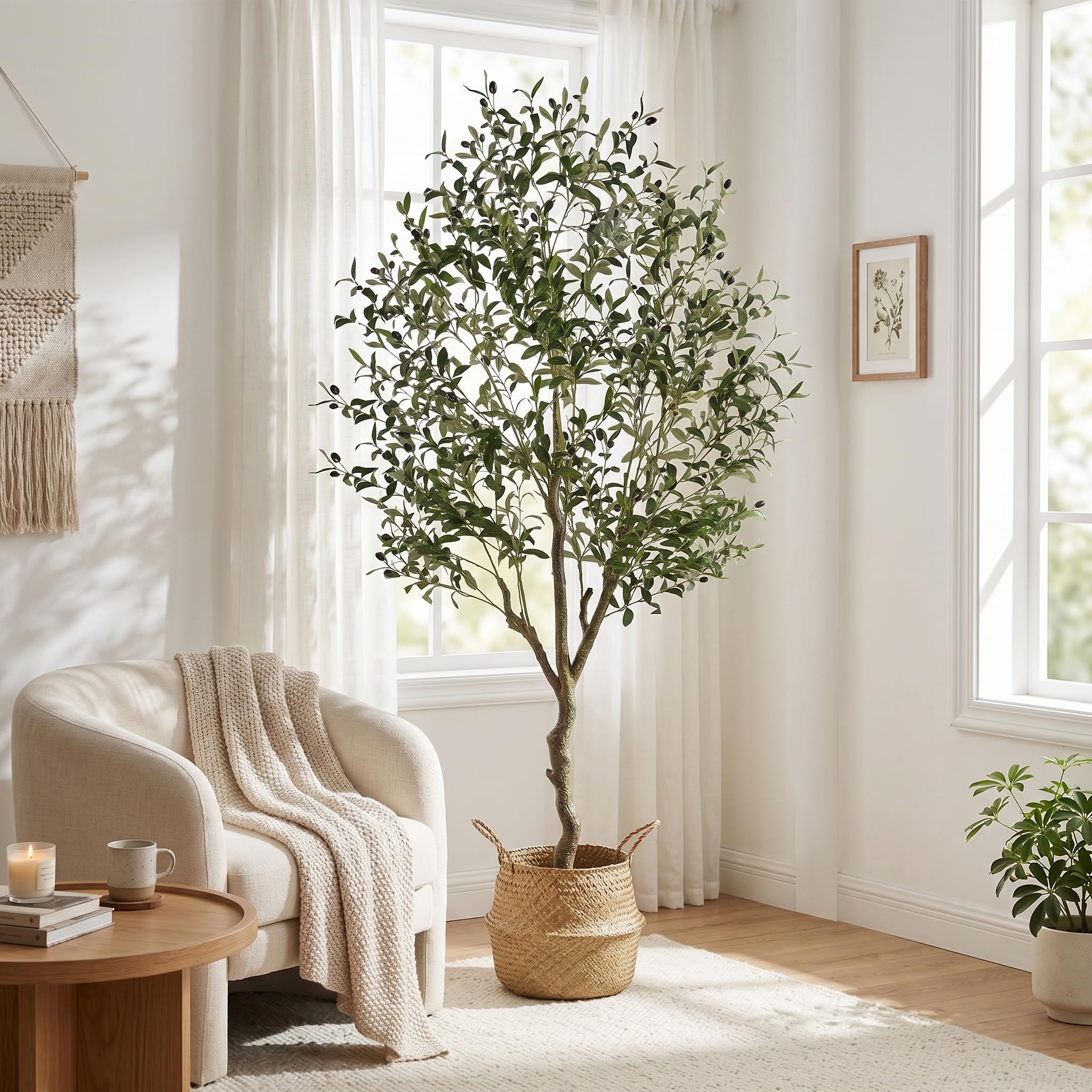 Artificial Olive Tree Indoor 6FT, Tall Faux Olive Tree with White Planter | Realistic Artificial Olive Tree Indoor with Natural Trunk, Lifelike Fruits, Sturdy Base for Modern Home Office Living Room