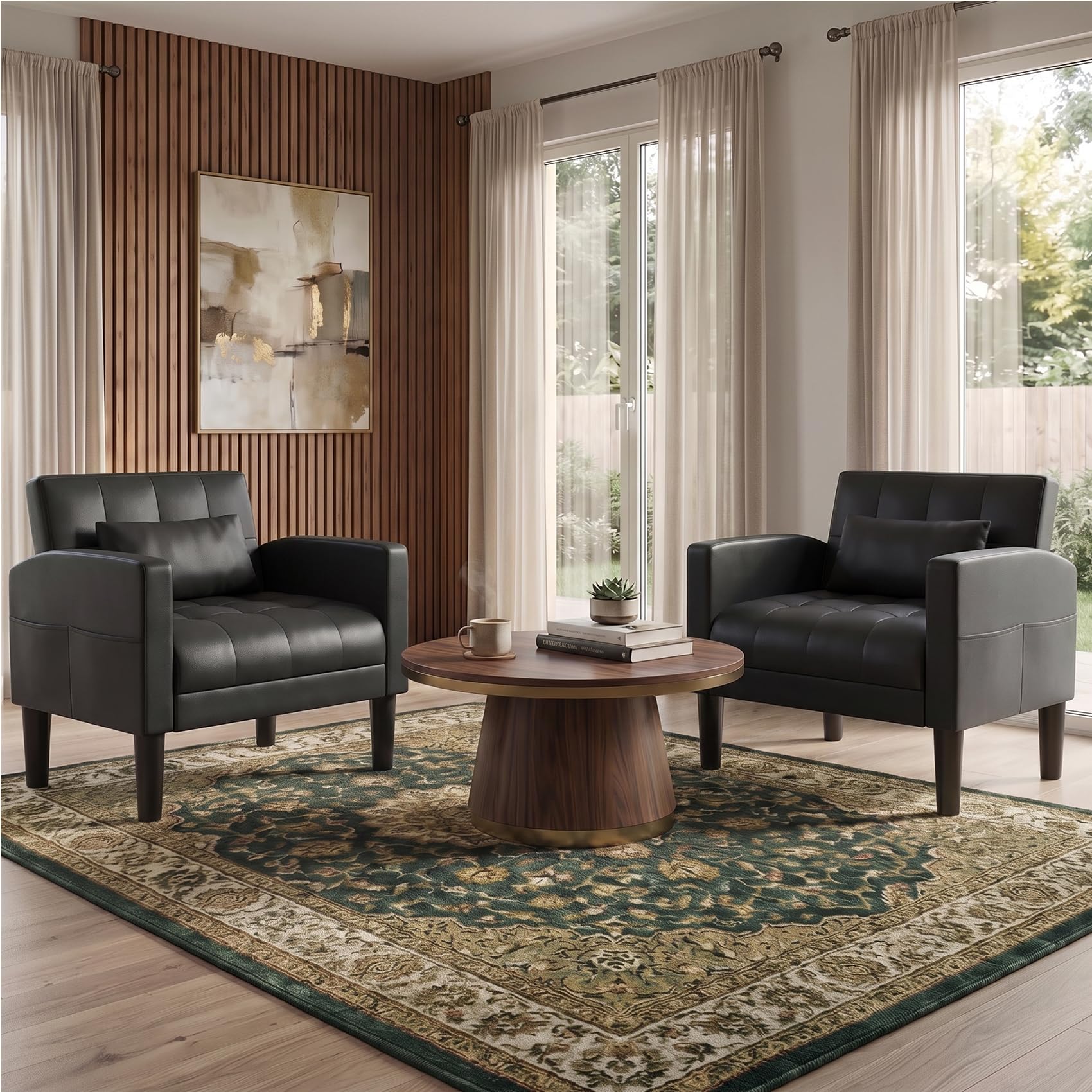 GRAVFORCE Armchairs Set of 2 Comfy Upholstered Living Room Chair PU Leather Mid Century Modern Accent Arm Chairs with Pocket Storage Black