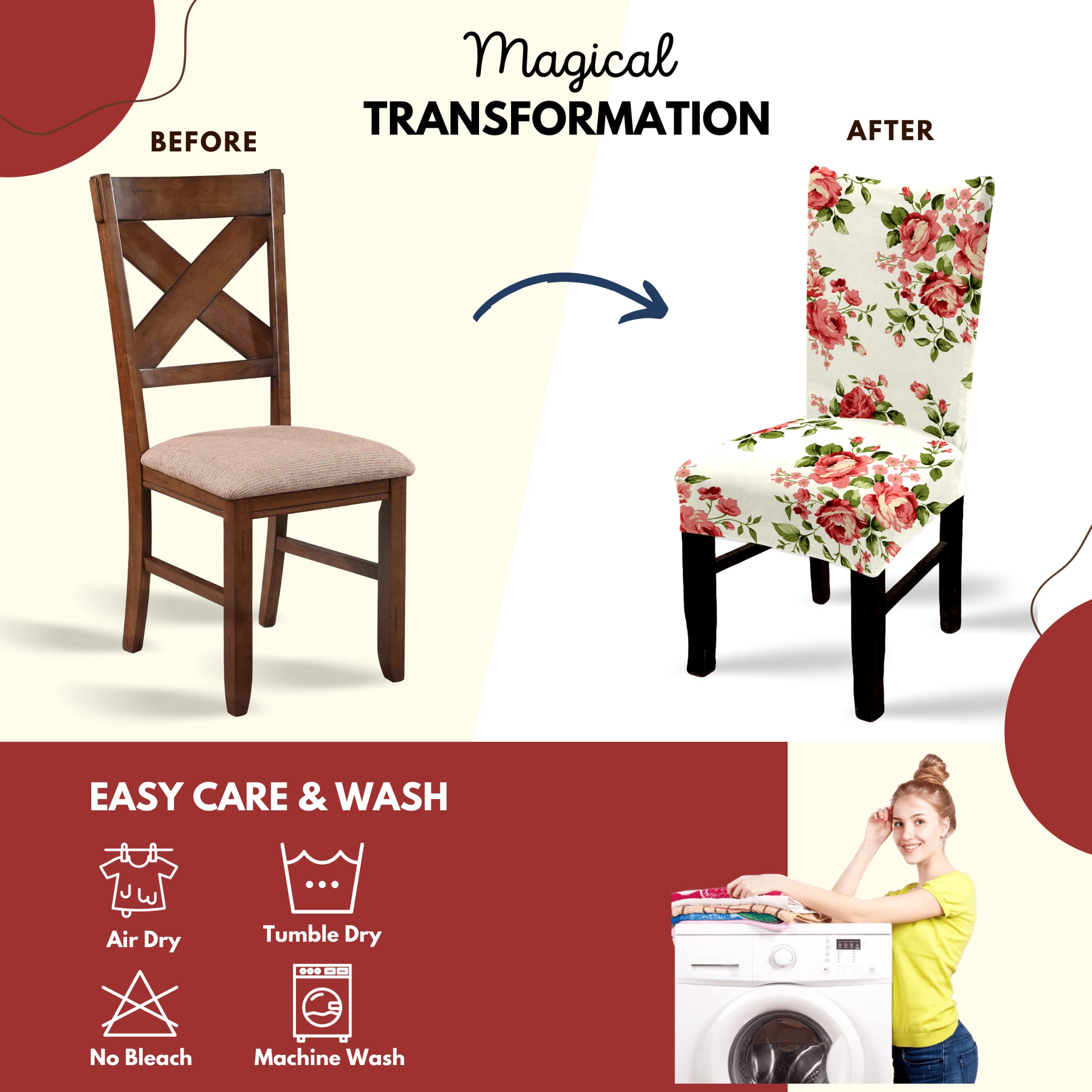 BRIDA ® Polyester & Spandex Elastic Stretchable Rose Flowers Printed Dining Chair Covers, Set of 4 (Standard size) 4