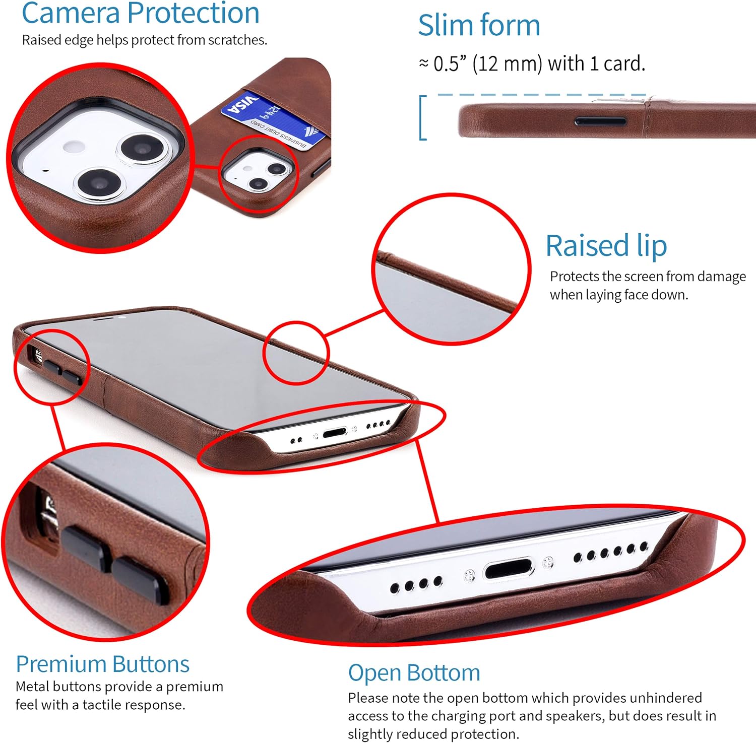 Dockem Wallet Case for iPhone 12 Mini: Built-in Metal Plate for Magnetic Mounting & 1 Credit Card Holder: 5.4" Exec M2, Smooth Synthetic Leather (Brown)