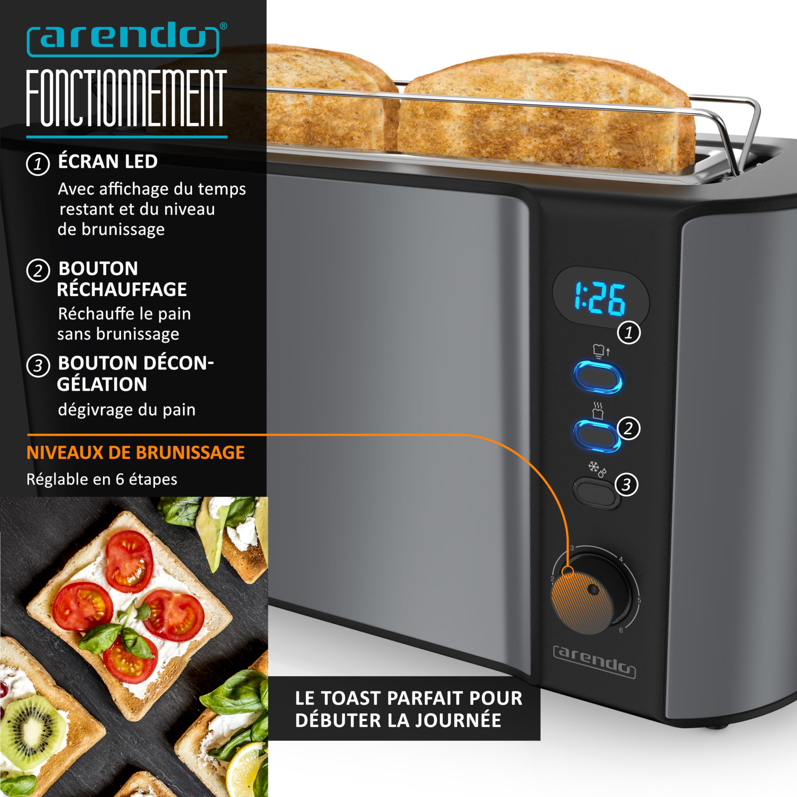 Arendo Set Ensembles Bouilloire et grille-pain et cuiseur à oeufs Bouilloire en inox 1,5L 40°-100°C Grille-pain 2 Tranches Ecran LED 6 niveaux de brunissage Cuiseur à oeufs 1-8 oeufs, Verre doseur
