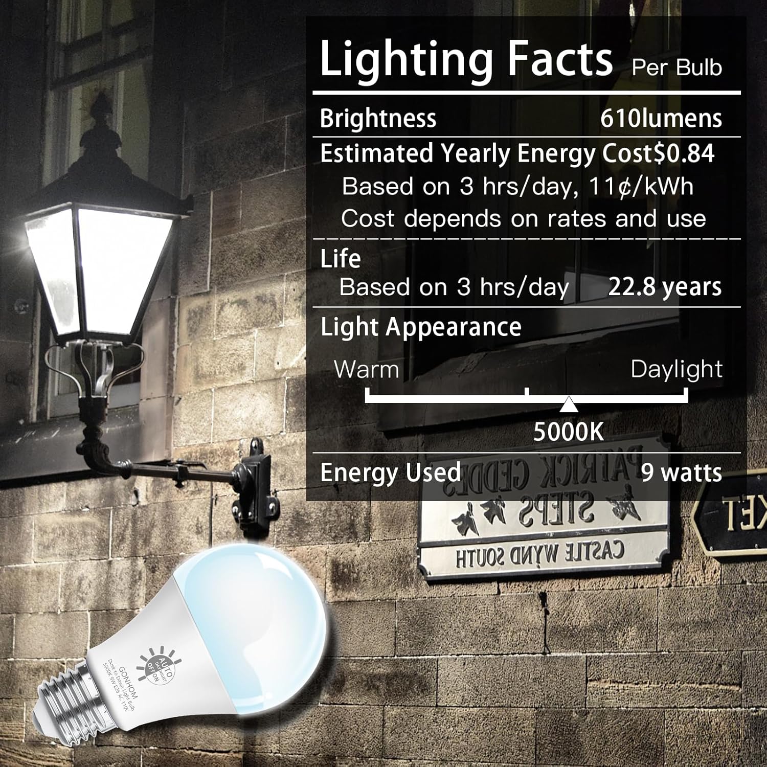 Gonhom 2 Pack Dusk to Dawn Light Bulbs Outdoor, 5000K-Daylight, 720LM, 9W(60W Equivalent) A19 E26 Automatic On/Off LED Light Bulbs, Dusk to Dawn LED Outdoor Lighting for Porch Garage Patio