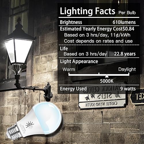 Miniatura 6 de Paquete de 8 bombillas LED de atardecer a amanecer para exteriores, 5000 K, luz diurna, 720 lúmenes, 9 W (equivalente a 60 W) A19 E26 bombillas LED