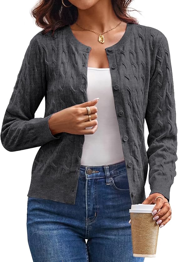 GRACE KARIN Womens Long Sleeve Button Up Cable Knit Cardigan Lightweight 2026 Crewneck Button Down Sweaters for Women