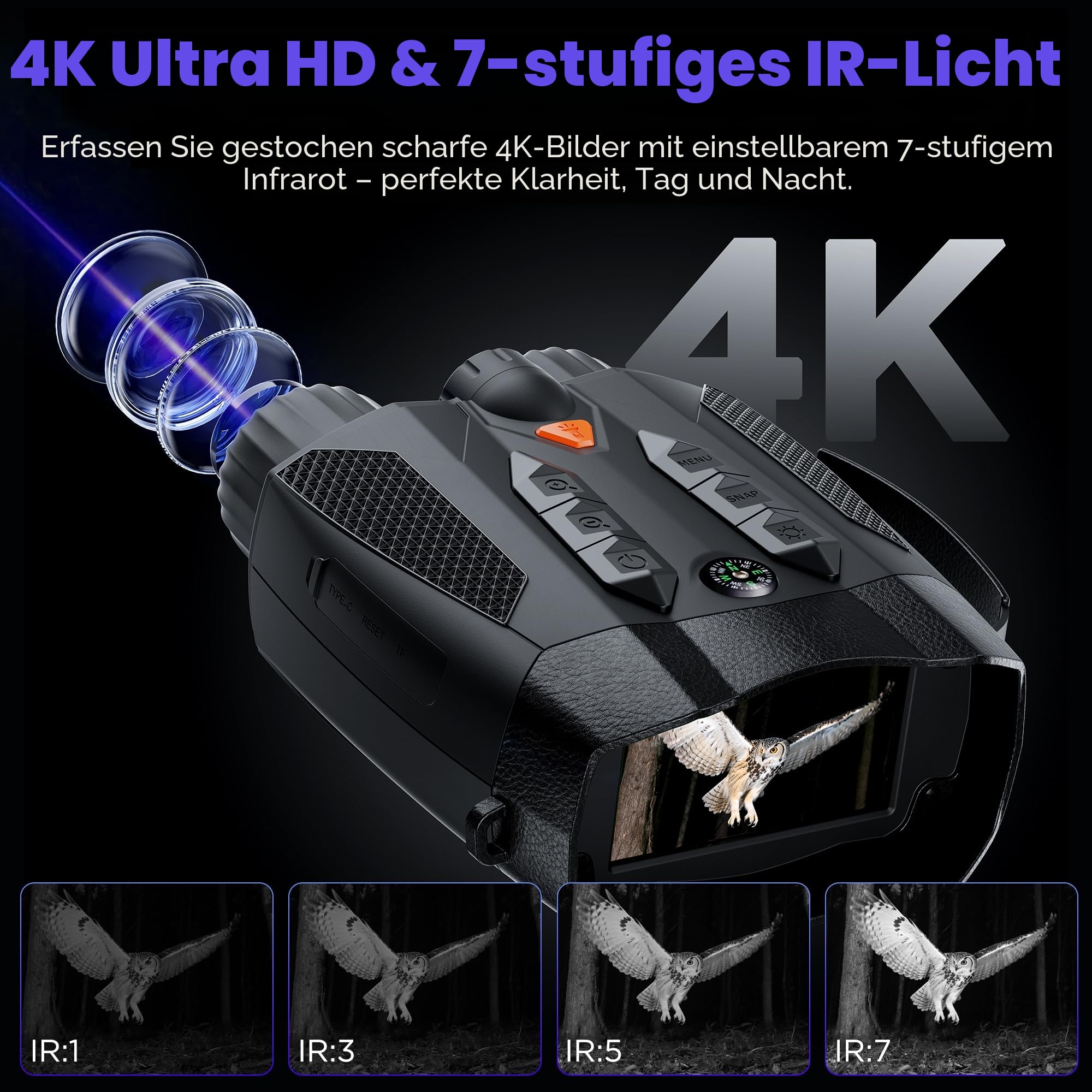 Nachtsichtgerät 4K Infrarot Kamera 10X Digitalzoom Wiederaufladbare Fernglas mit Nachtsicht