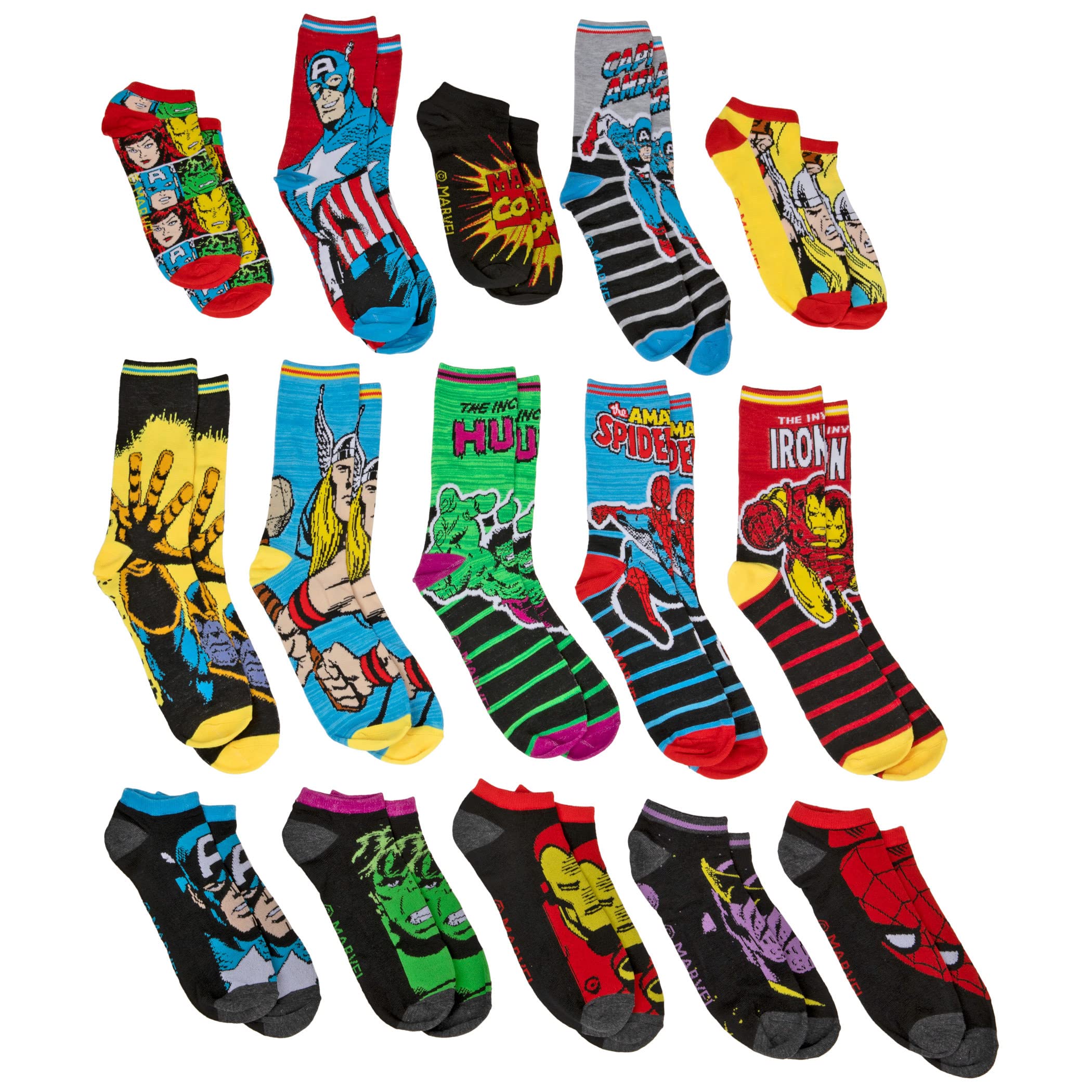 Marvel 15 días de calcetines (7 tripulaciones y 8 calcetines de corte bajo)