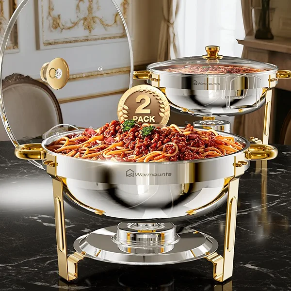 WARMOUNTS Gold Chafing Dishes for Buffet with Glass Lid (5QT, 2Pack), Round Chafers and Buffet Warmers Set with Mirror-Polished Stainless Steel, Rolled Rim, Stackable, Lid Holder for Parties, Weddings