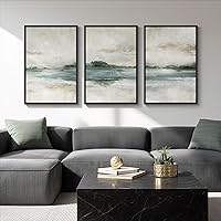 Cuspin Set of 3 Framed Abstract Green Lake Landscape Canvas Wall Art 24x36 Inch - Modern Living Room Bedroom Office Decor