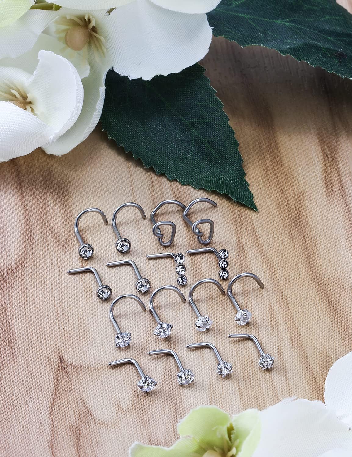 18G 20G Nose Rings Studs Stainless Steel L Shaped Screw Nose Rings Hypoallergenic Cubic Zirconia Nostril Nose Piercing Jewelry for Women Men Silver - Image 2