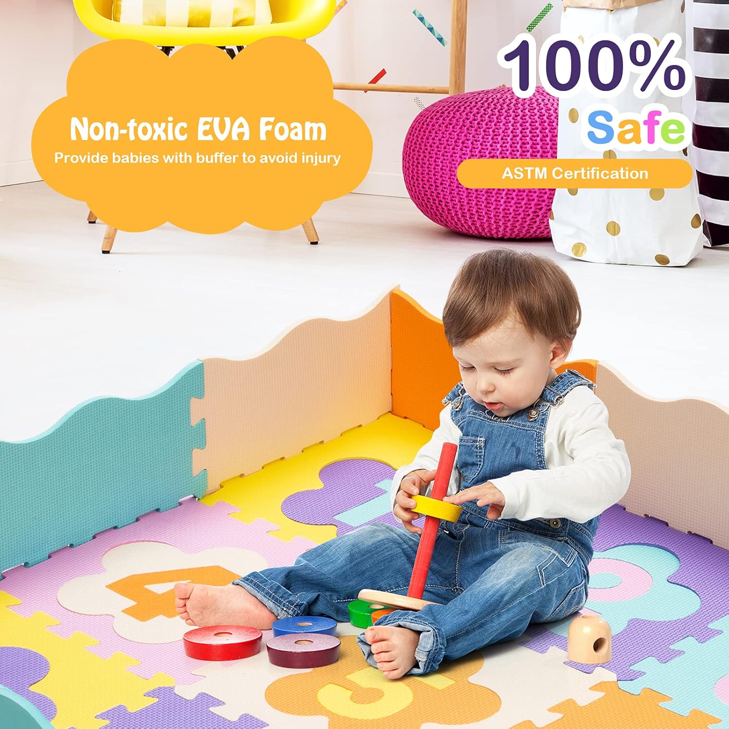 Costzon 75 Pieces Baby Play Mat w/Fence, Baby 0.4'' Thick EVA Baby Crawling Mat w/Detachable Numbers, Waterproof Soft Playmat for Toddler Infants (75 Pieces, Number)