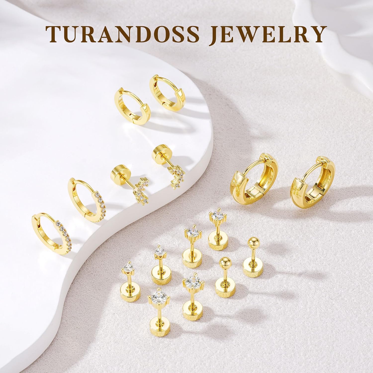 Turandoss Gold Stud Hoop Earrings for Women, Hypoallergenic 14K Gold Plated Small Huggie Hoop Earrings Flat Back Cartilage Earring Stacks Set for Multiple Piercing Gold Earrings for Women