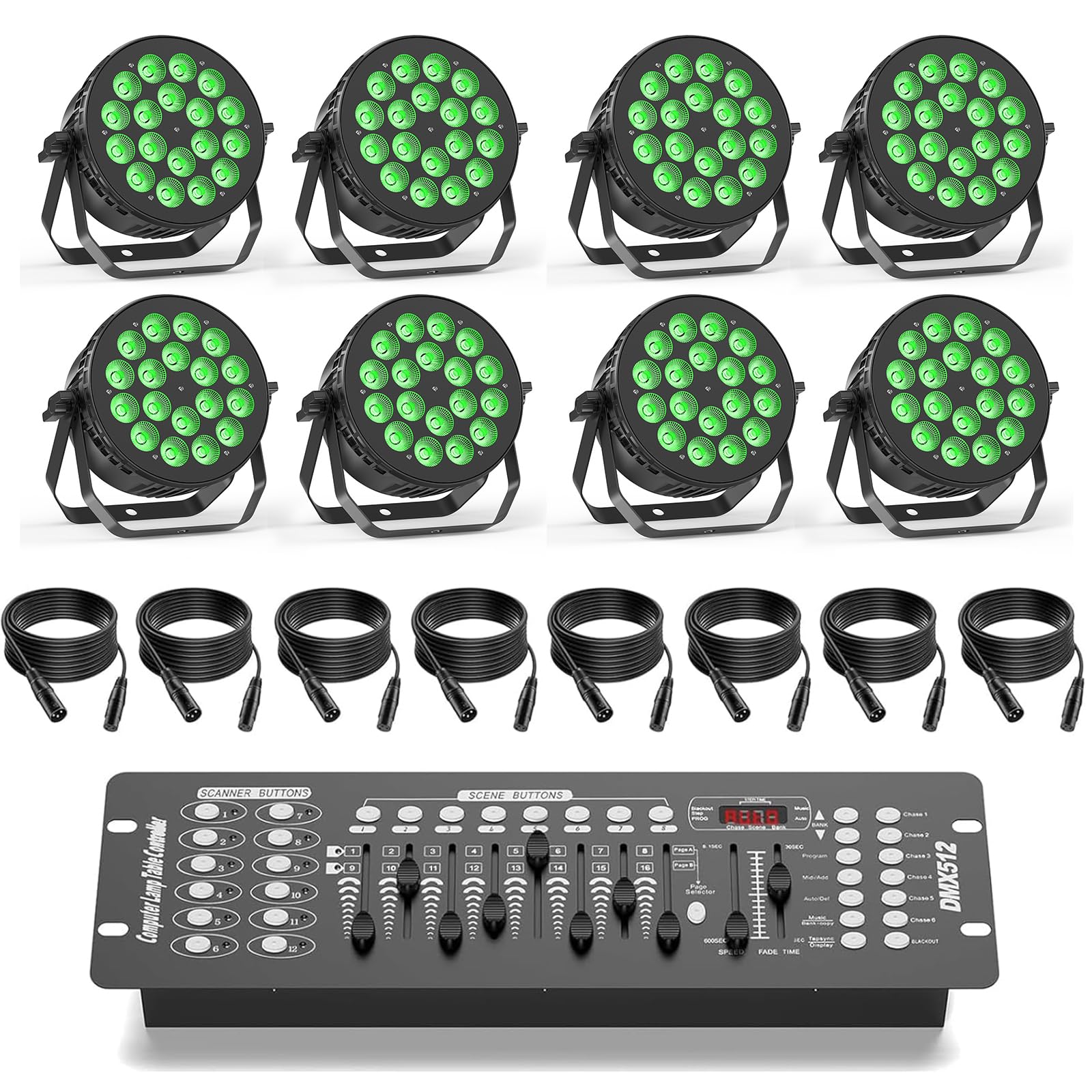 180 W Par LED RGBW, kit d'éclairage de scène 8 pièces avec DMX contrôleur et câble de signal, doté du DMX512 et de la commande vocale, adapté aux fêtes, mariages, bars, Noël