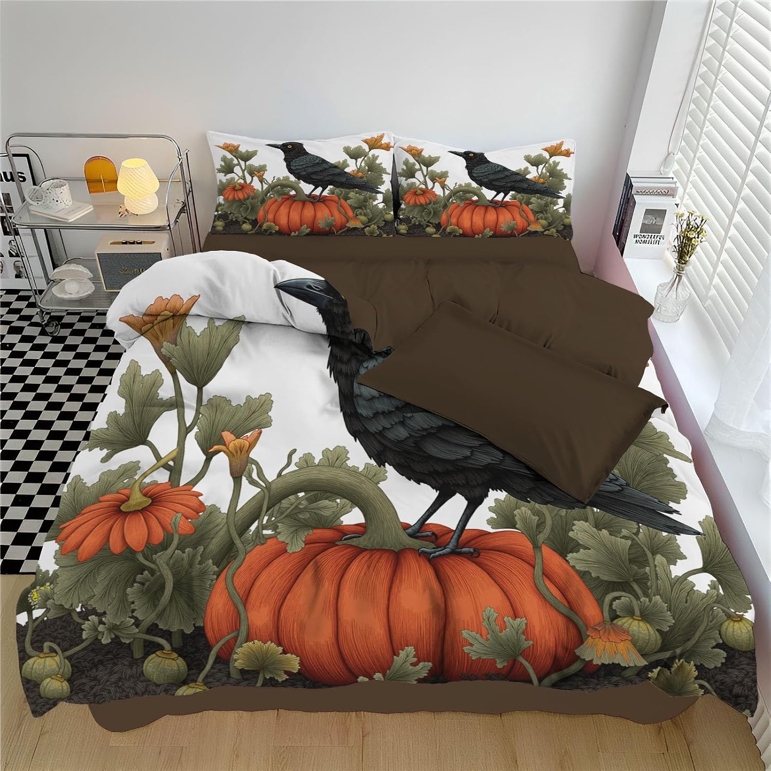 Halloween Pumpkin Crow Duvet Cover Vintage Watercolor Texture Bedding Size,Reversible Solid Color Classic Plaid Duvet Cover Reversible Design, Soft Microfiber, Zipper Closure, Machine Washable