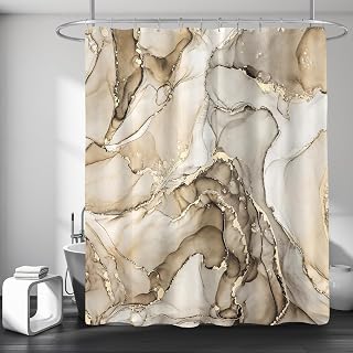 Beige Marble Shower Curtain, Modern Abstract Fabric Shower Curtains for Bathroom, Luxury Art Decor Ink Texture Watercolor Shower Curtain Set with Hooks 72x72