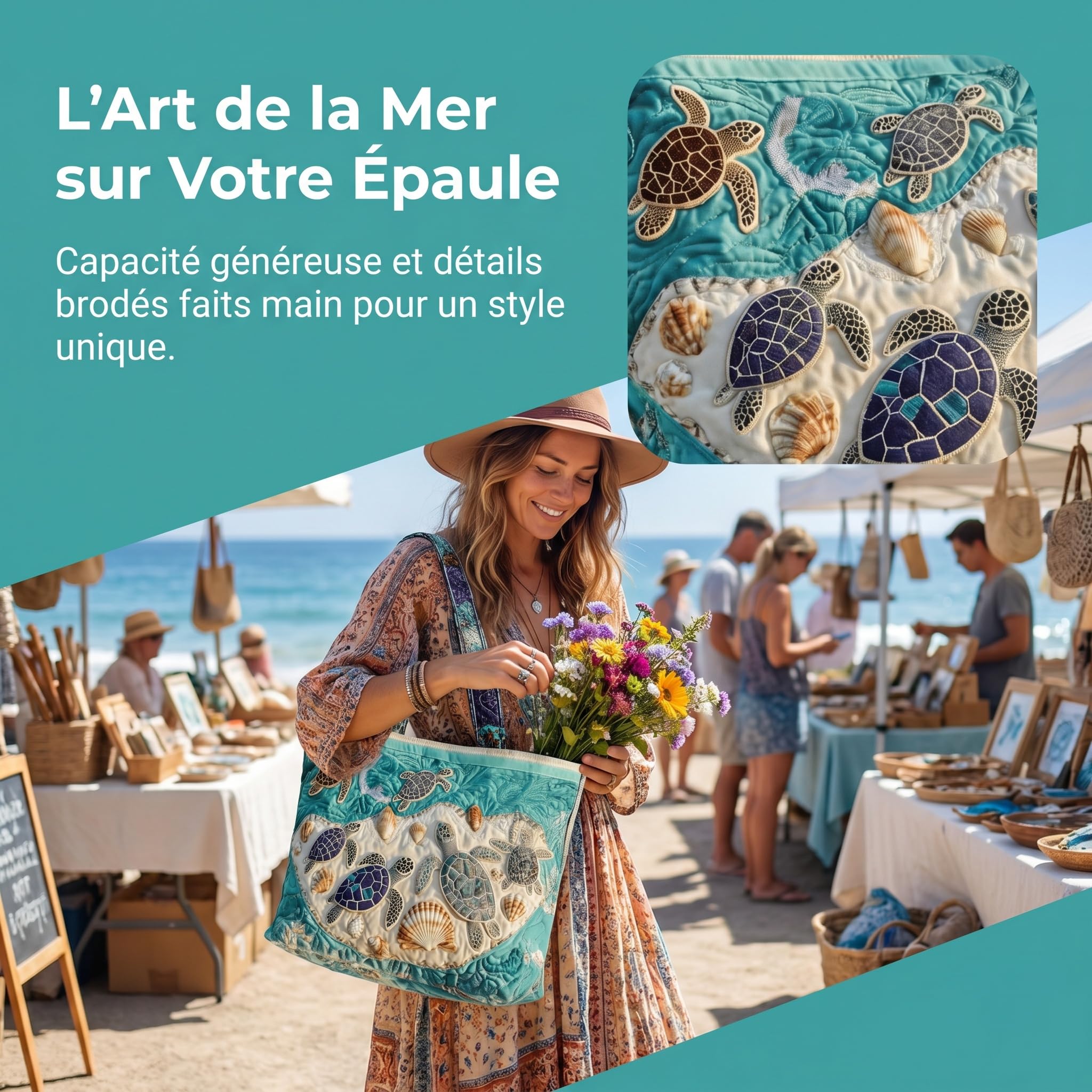 Sac fourre-tout matelassé tendance léger femme motifs marins, artisanal spacieux réutilisable. Pratique voyage courses quotidien, joli cadeau pour maman