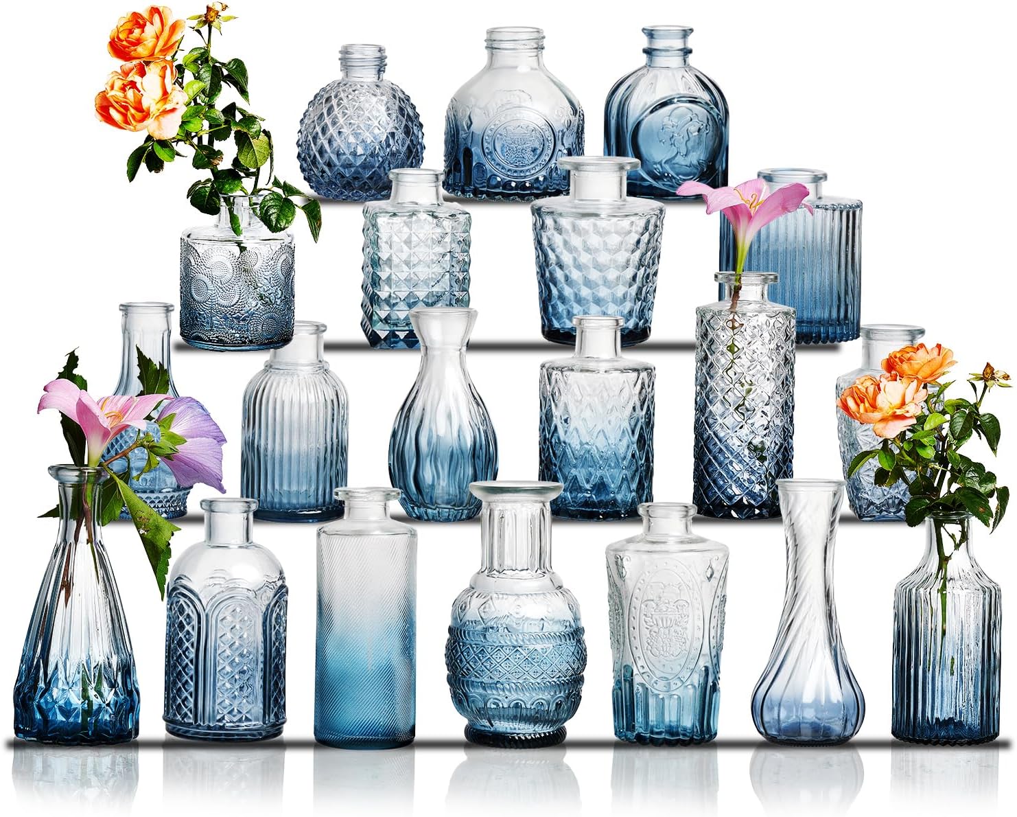 Glass Bud Vase Set of 20 – Small Vases for Flowers in Bulk – Assorted Vintage Crystal Vases for Flowers, Table Centerpieces (Blue, 20 Pcs)