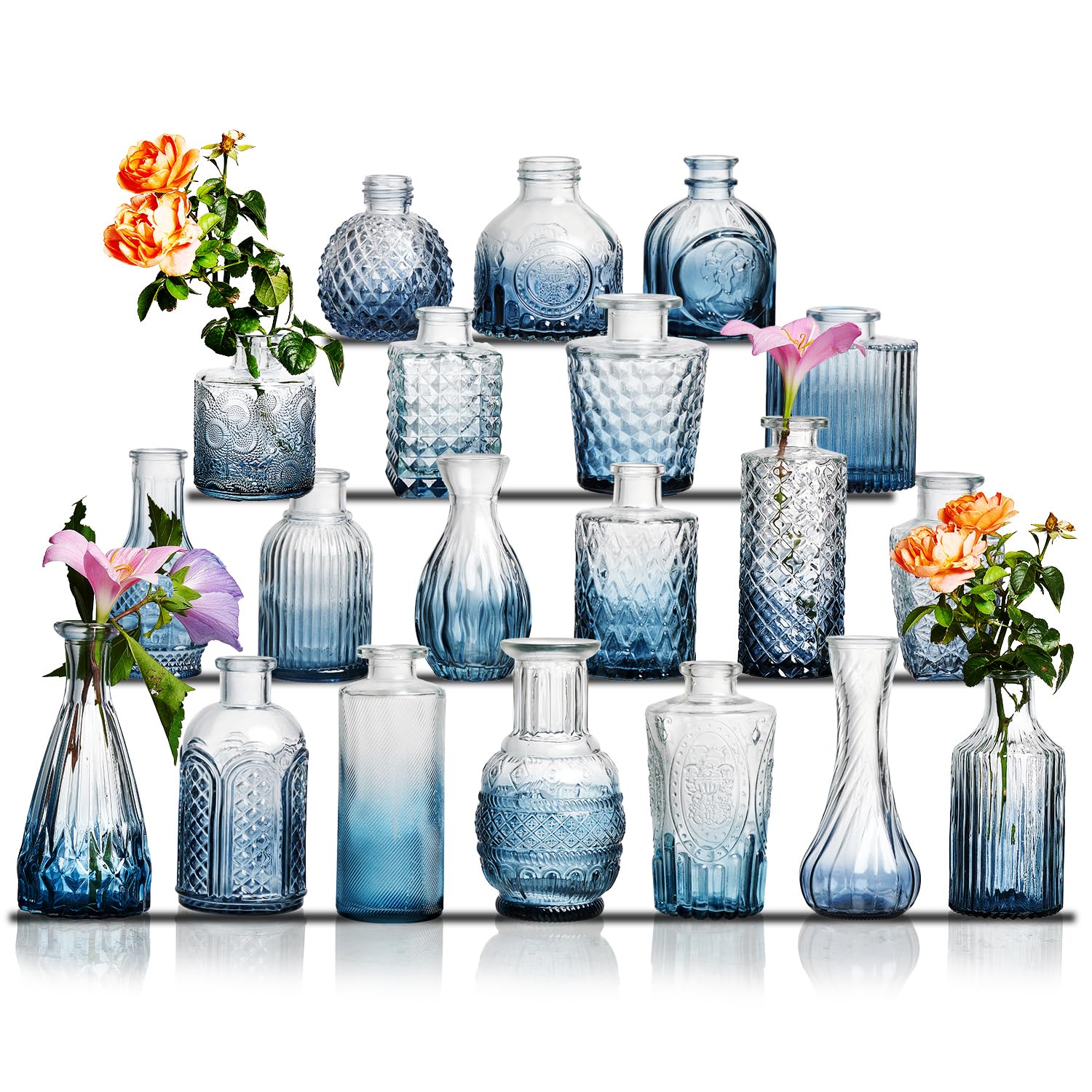 Glass Bud Vase Set of 20 - Small Vases for Flowers in Bulk - Assorted Vintage Crystal Vases for Flowers, Table Centerpieces (Blue, 20 Pcs)