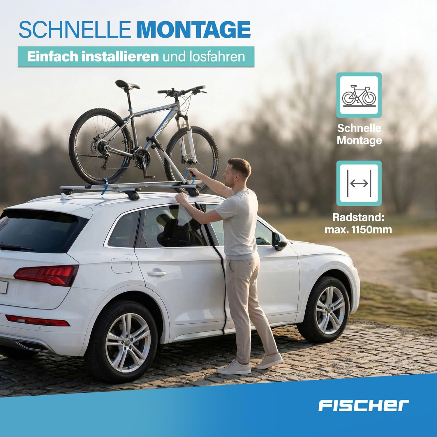 FISCHER car roof Bike Rack | TÜV GS Tested | Suitable for a Bike | Load up to 15 kg | Lockable | Silver