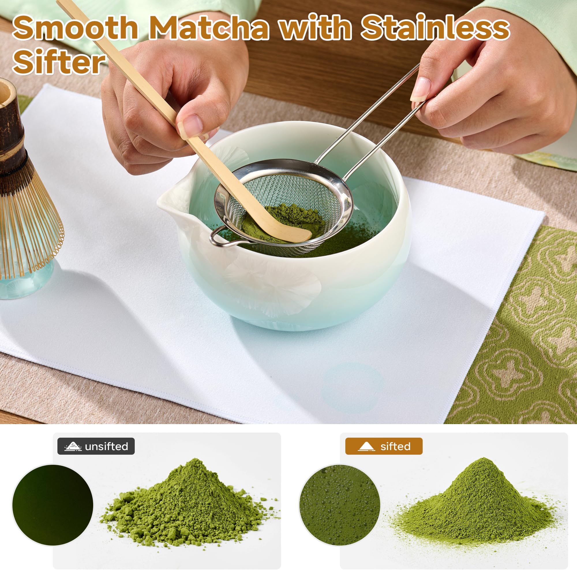 ComboJoy Ensemble de fouet à matcha – Bol à glaçage cristallin, fouet et support en bambou, cuillère et tamis avec support, tasse avec couvercle et paille, plateau à glaçons et torchon – Coffret