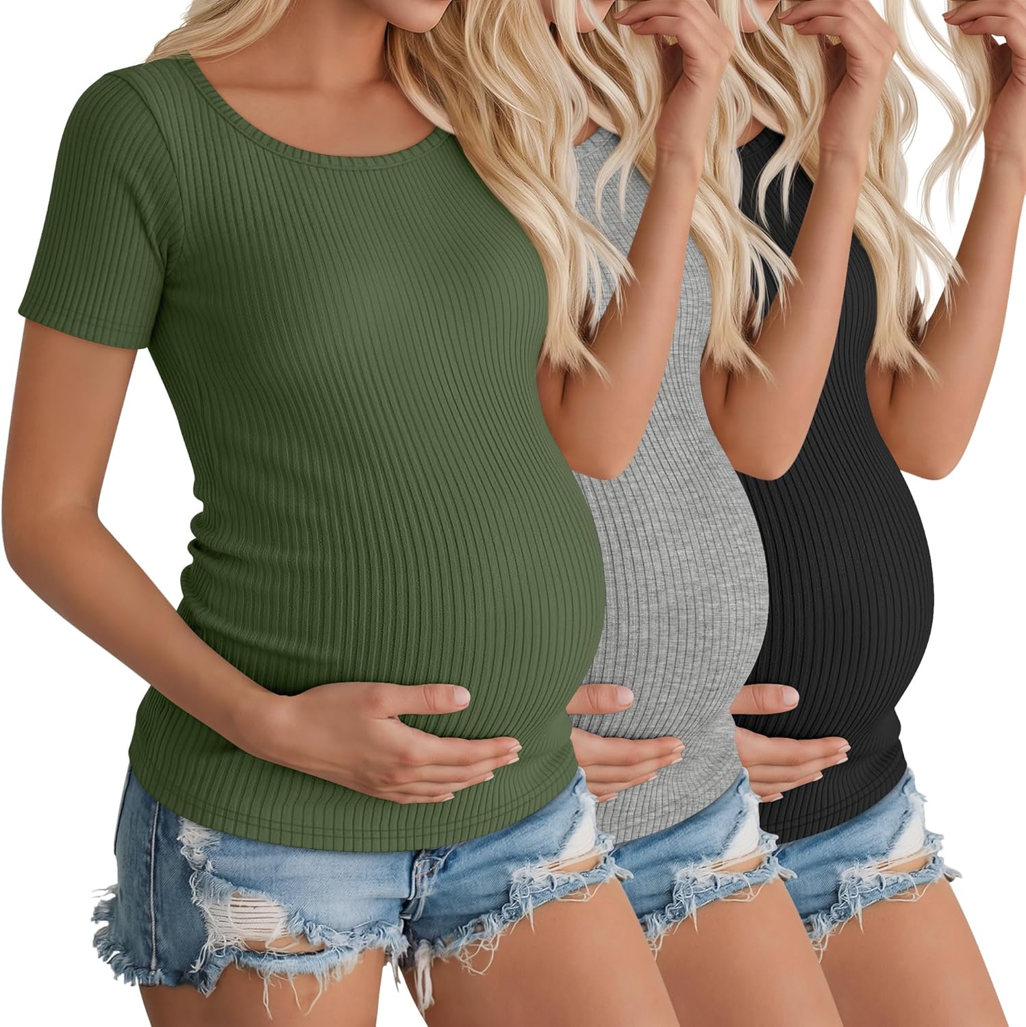 3 Pack Womens Maternity Shirts Summer Short Sleeve Ribbed Pregnancy Clothes Casual Loose Fit Workout Cotton Tees