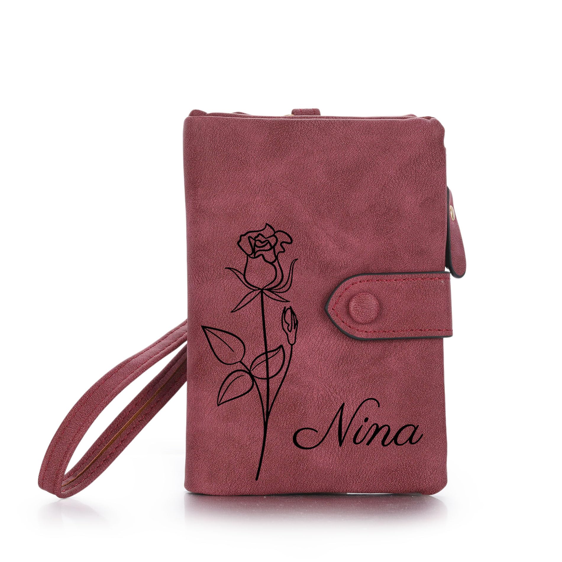 OTXIXTO Personalized Leather Wallets for Women Wallets with Zipper Coin Purse with Wrist Strap Small Ladies Wallet with Name Birth Flower Leather