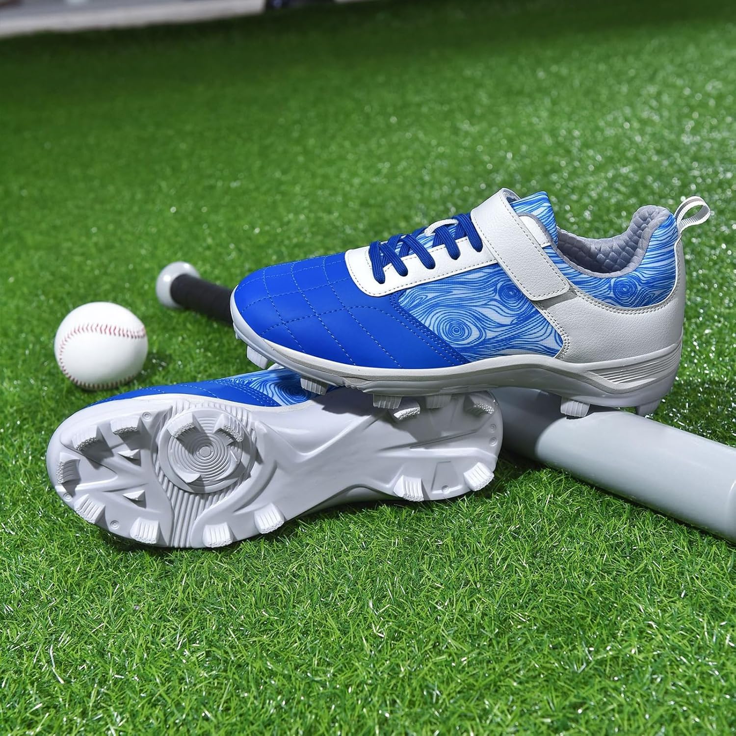 DHAEY Men's Baseball Shoe Non-Slip Wear-Resistant Professional Outdoor Dual Color Sports Shoes Breathable Beginner Softball Shoes (Color : White and Blue, Size : 8.5 Women/7 Men)