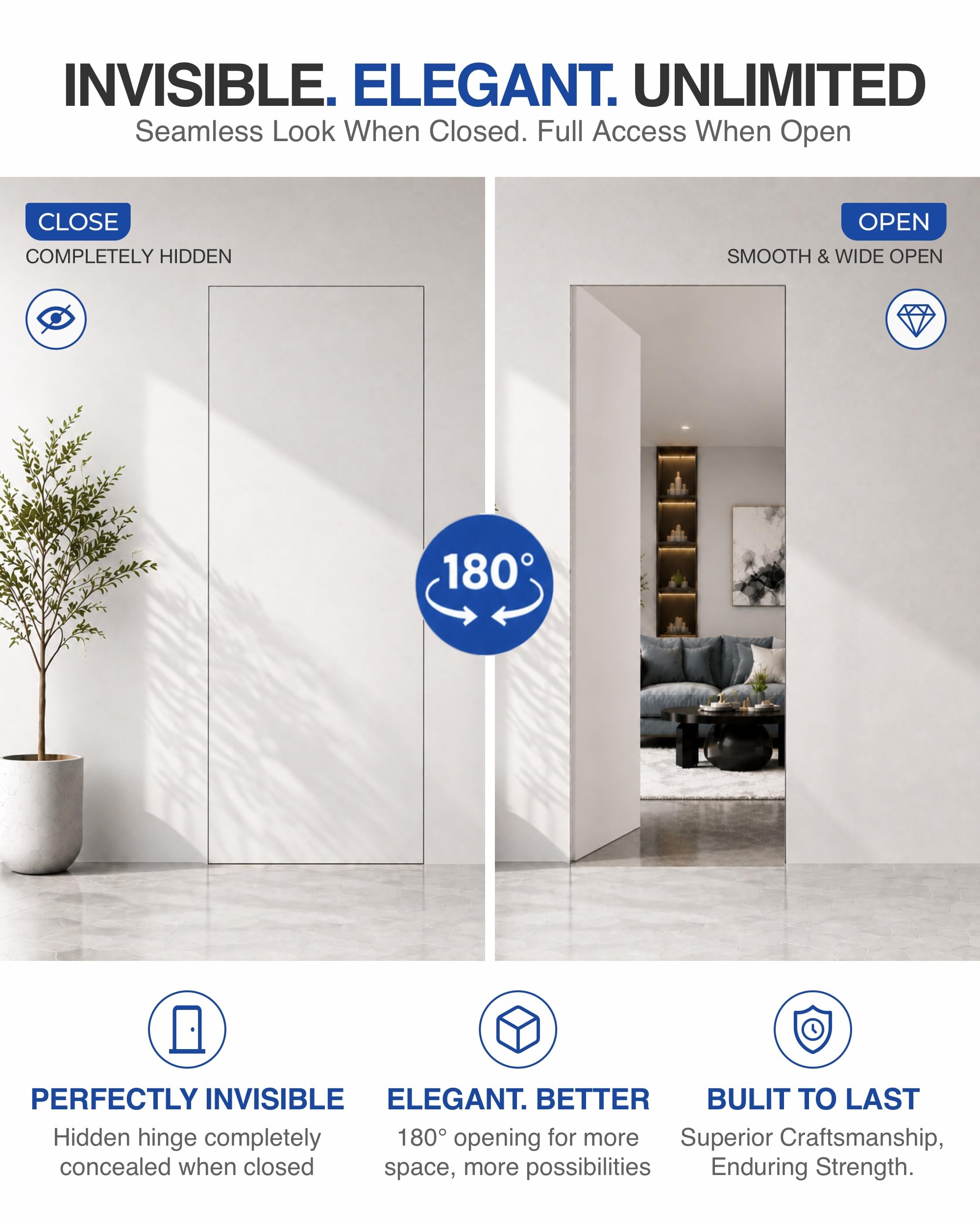 Bisagras de puerta ocultas (2 piezas) - Bisagras invisibles plateadas de 6 pulgadas para puertas, bisagras ocultas oscilantes de 180 grados, bisagras ajustables de 3 vías y resistentes (carga de hasta