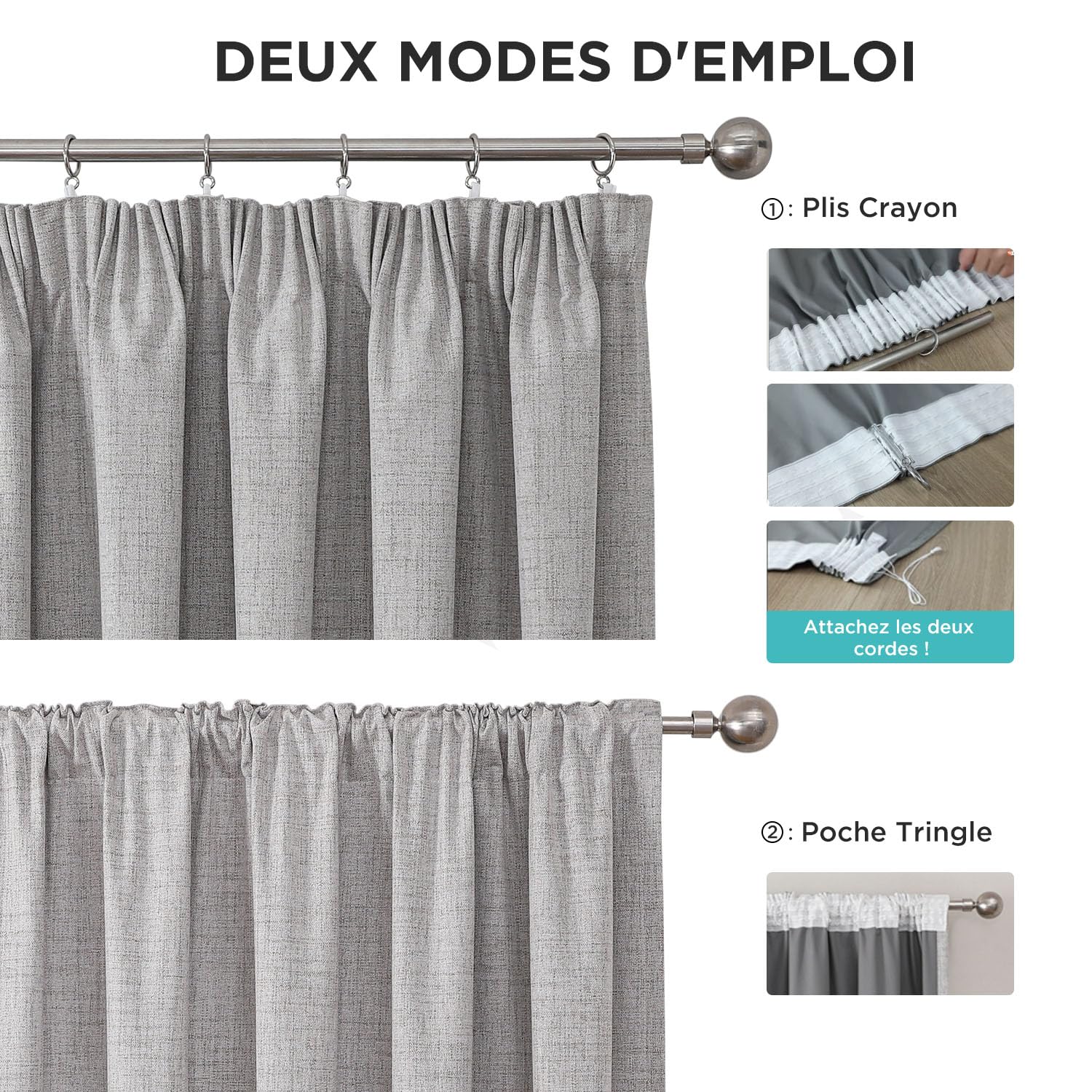 Joydeco 100% Rideau Occultant Thermique en Lin avec Galon Fronceur 140x275 cm 2 Pièces, Rideau Isolant Thermique Anti Froid et Chaleur à Passe Tringle pour Décoration de Porte Fenêtre