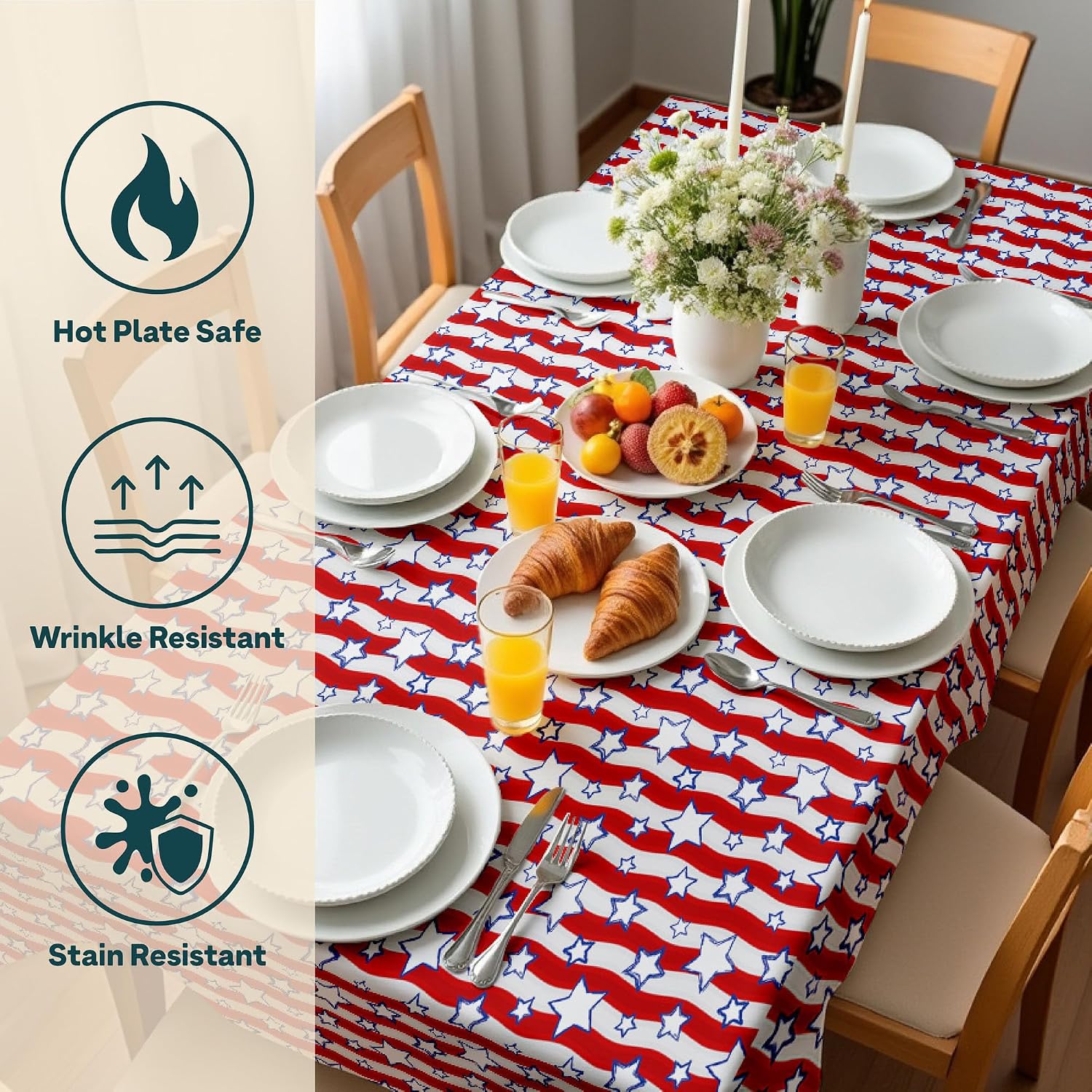 Winslow & Brody 4th of July Tablecloth | Patriotic Red White and Blue Stars | Memorial Day, Independence Day Table Decorations | Indoor Outdoor Home Decor | Made in America - 60" x 102" Rectangular