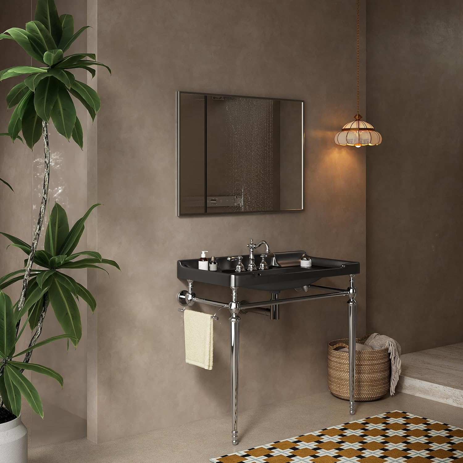 36" Bathroom Console Sink, Wall-Mounted Black Ceramic Vanity Basin with 3 Pre-drilled Faucet Holes, Freestanding Chrome Stainless Steel Support Legs with Towel Bar, No Faucet - Rome, Black