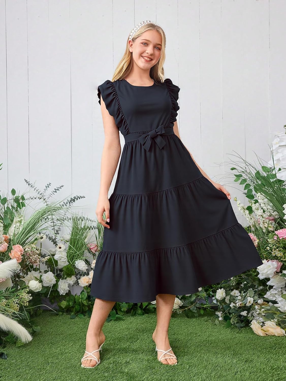 Girls Summer Dresses Ruffle Sleeve Dress A Line Swing Belted Casual Solid Color Party Dress 6-14 Years - Image 5