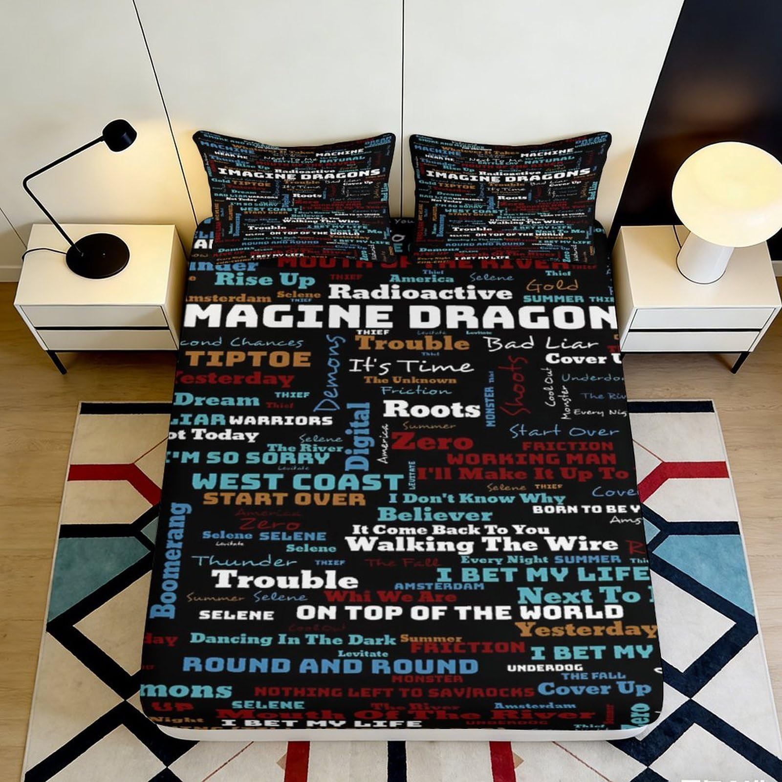3D Printed Typography Art Fitted Sheet Microfiber Graphic Song Lyric Mattress Cover for Bedroom Dorm Decor Black 90x200x25cm